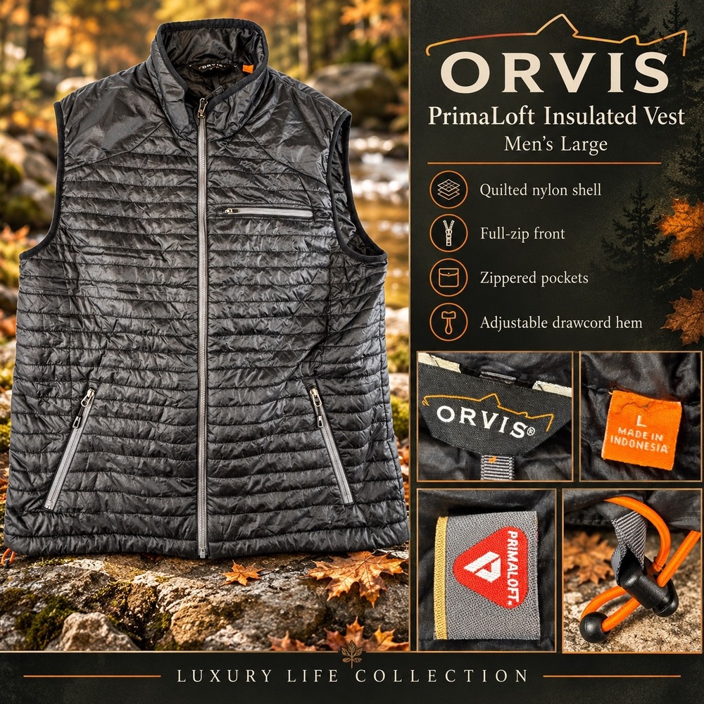 Orvis Mens PrimaLoft Insulated Puffer Jacket Black Ripstop Quilted Large